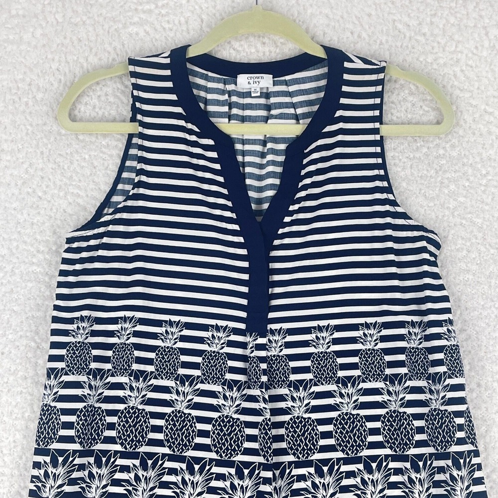 Crown & Ivy Blue White Pineapple‎ Print Tank Top Womens V-Neck Size Medium - Picture 2 of 8